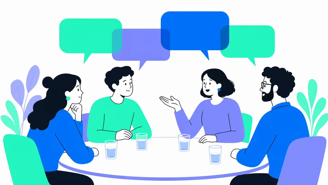 Cuatro personas en una mesa redonda con globos de diálogo superpuestos sobre sus cabezas