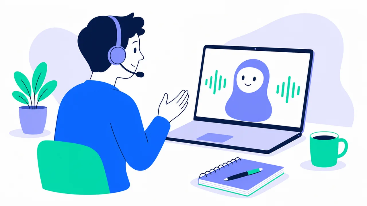 A person in a headset with a microphone talks to a laptop showing a smiling purple AI avatar between green sound waves, with a notebook, pen and green mug on the desk
