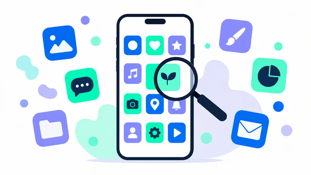 抽象的なアプリのタイルに囲まれたスマートフォンと、その一つに当てられた虫眼鏡