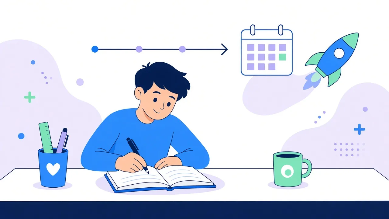 A student writing in a notebook at a desk, with a timeline arrow, a calendar and a rocket above