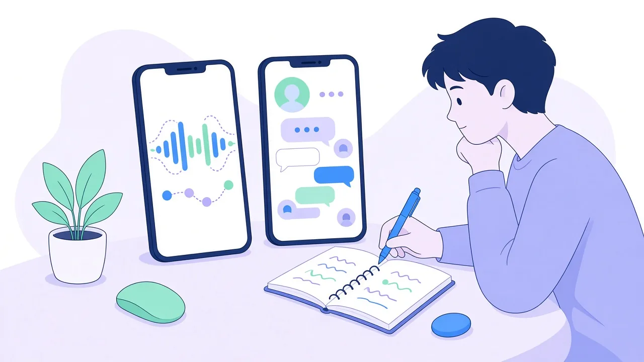 Illustration of a person at a desk comparing two phones: one shows a sound wave above a row of dots, the other a chat with an AI tutor, while the person writes in a notebook