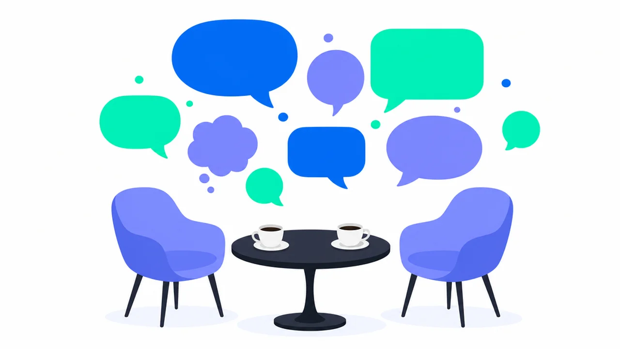Speech bubbles floating above a small table with two coffee cups