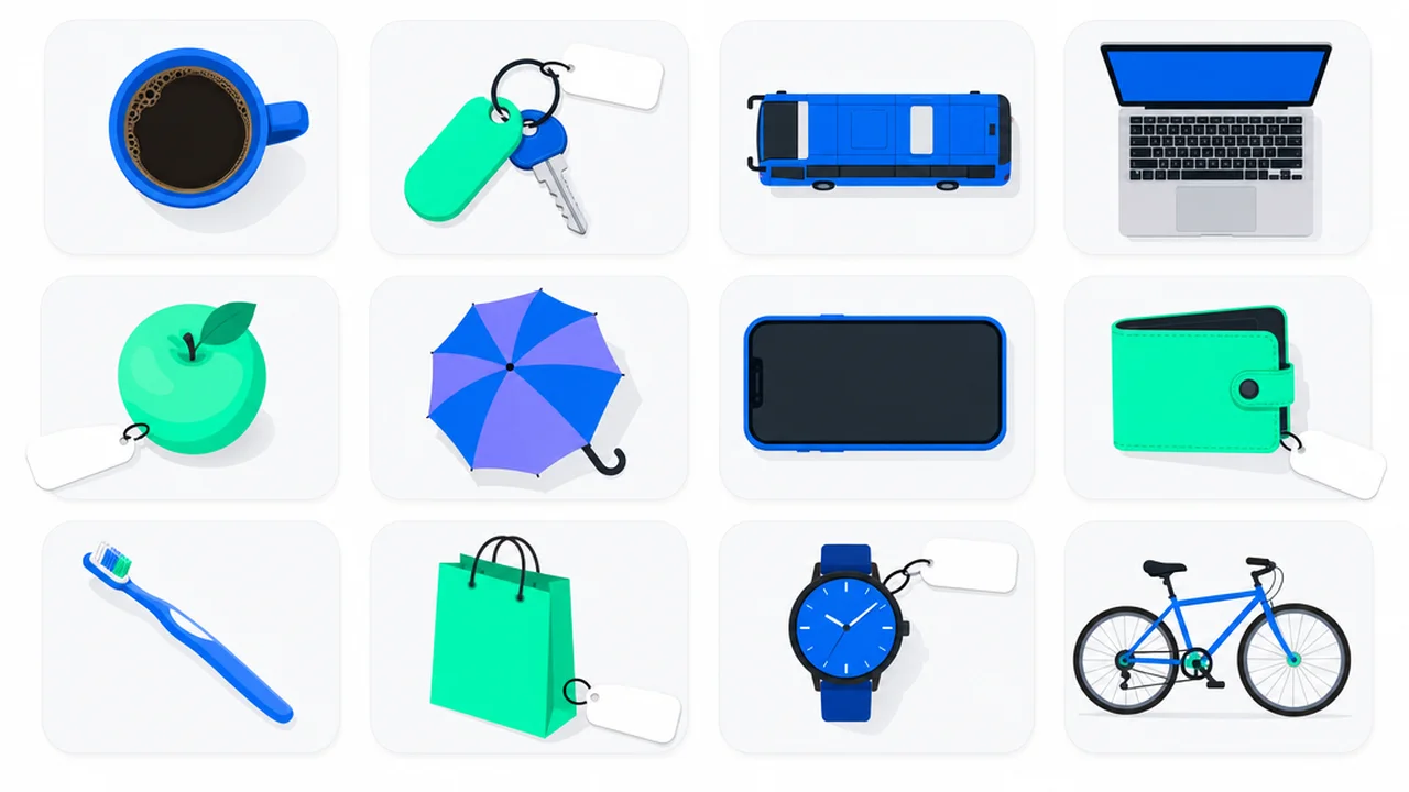 Everyday objects in a grid: a mug, keys, a bus, a laptop, an apple, an umbrella and a phone