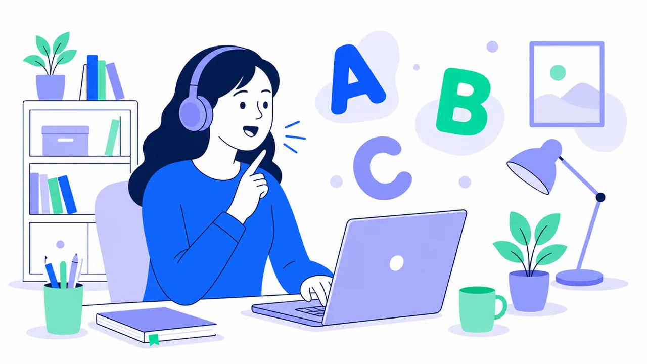 Una mujer con audífonos frente a una laptop levanta el dedo índice y habla en voz alta; a su lado flotan las letras A, B y C en azul, verde y morado, en un cuarto de estudio con estantería, plantas y una lámpara