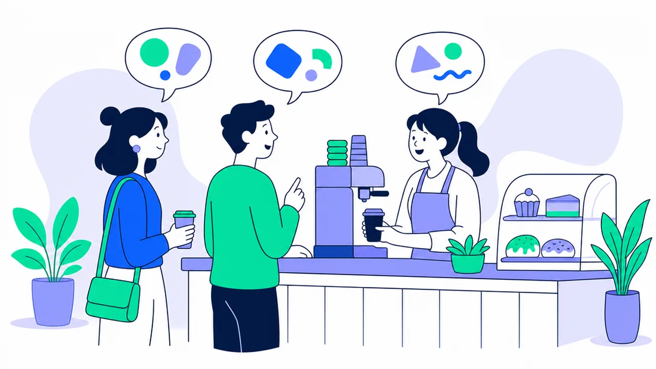 Dos clientes conversan con una barista en el mostrador de una cafetería; sobre cada persona hay un globo de diálogo con formas abstractas, junto a una cafetera, una vitrina con pasteles y plantas