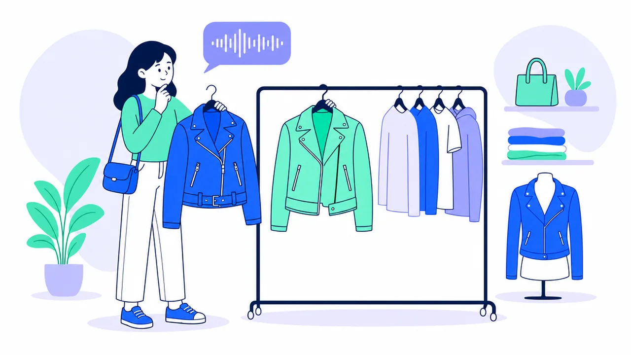 A woman with a shopping bag in a clothing store next to a rack of jackets, with a speech bubble showing a sound wave above her