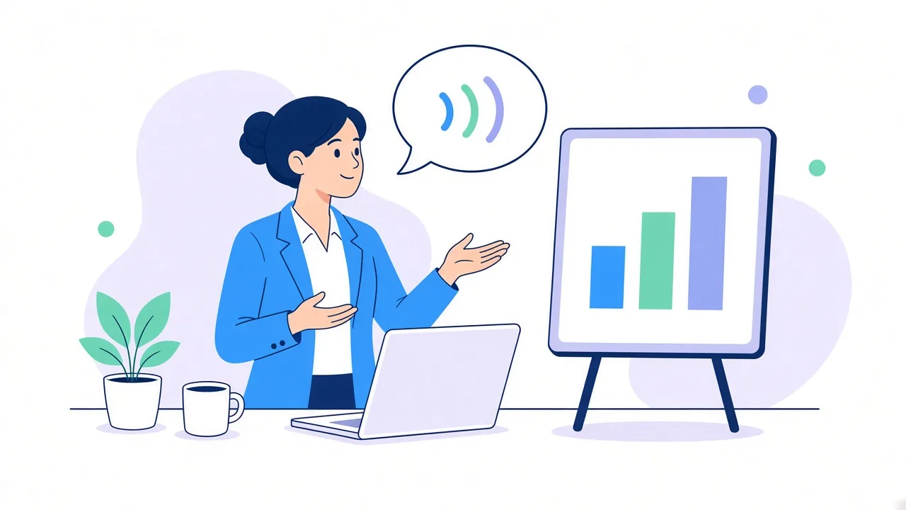 A woman in a blue blazer speaks and gestures beside a laptop, with a speech bubble of sound waves and a bar chart on an easel behind her