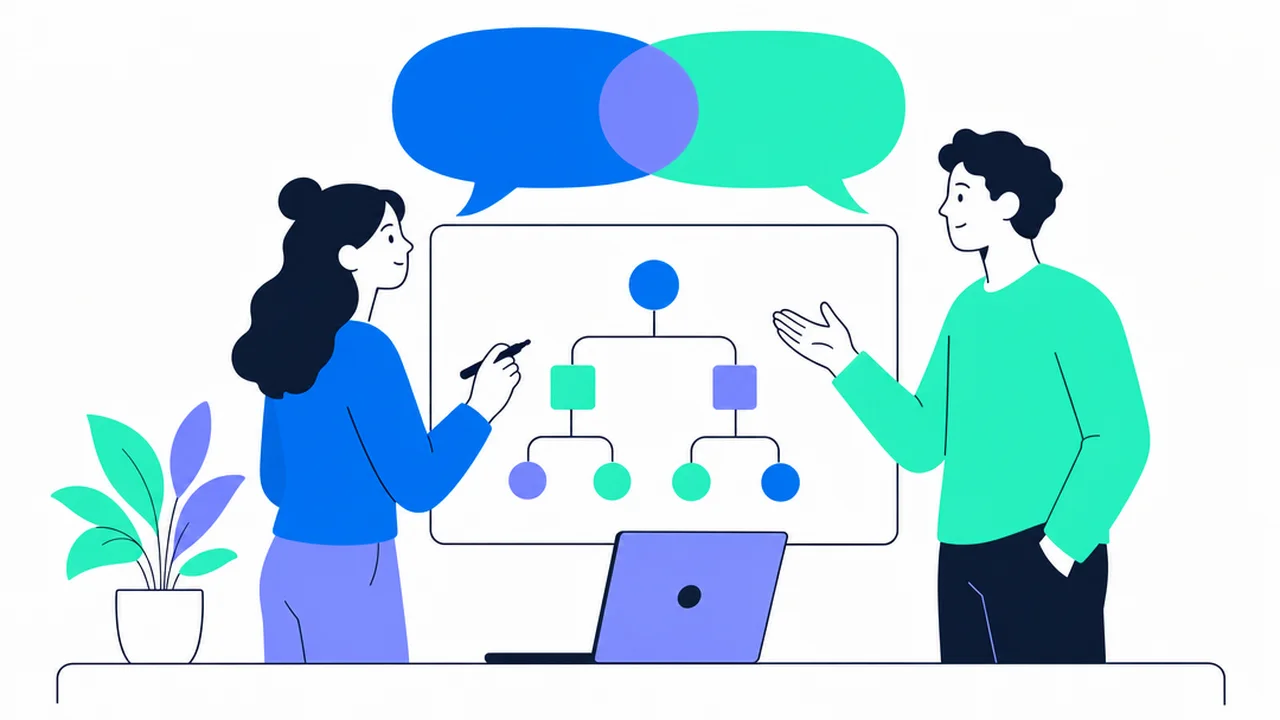 Two colleagues at a whiteboard with a branching diagram and overlapping speech bubbles