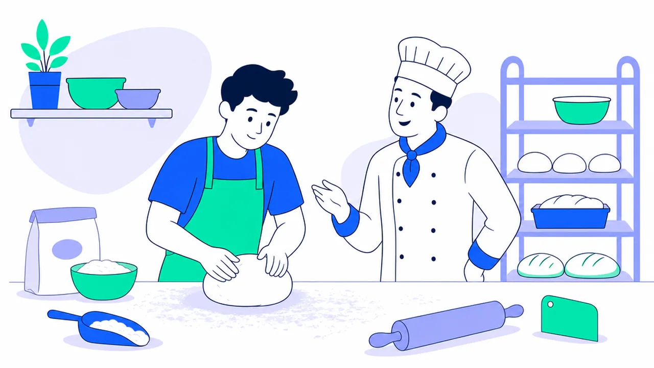 A baker assistant in an apron shaping dough on a floured bench in a bright bakery, with the head baker watching and talking