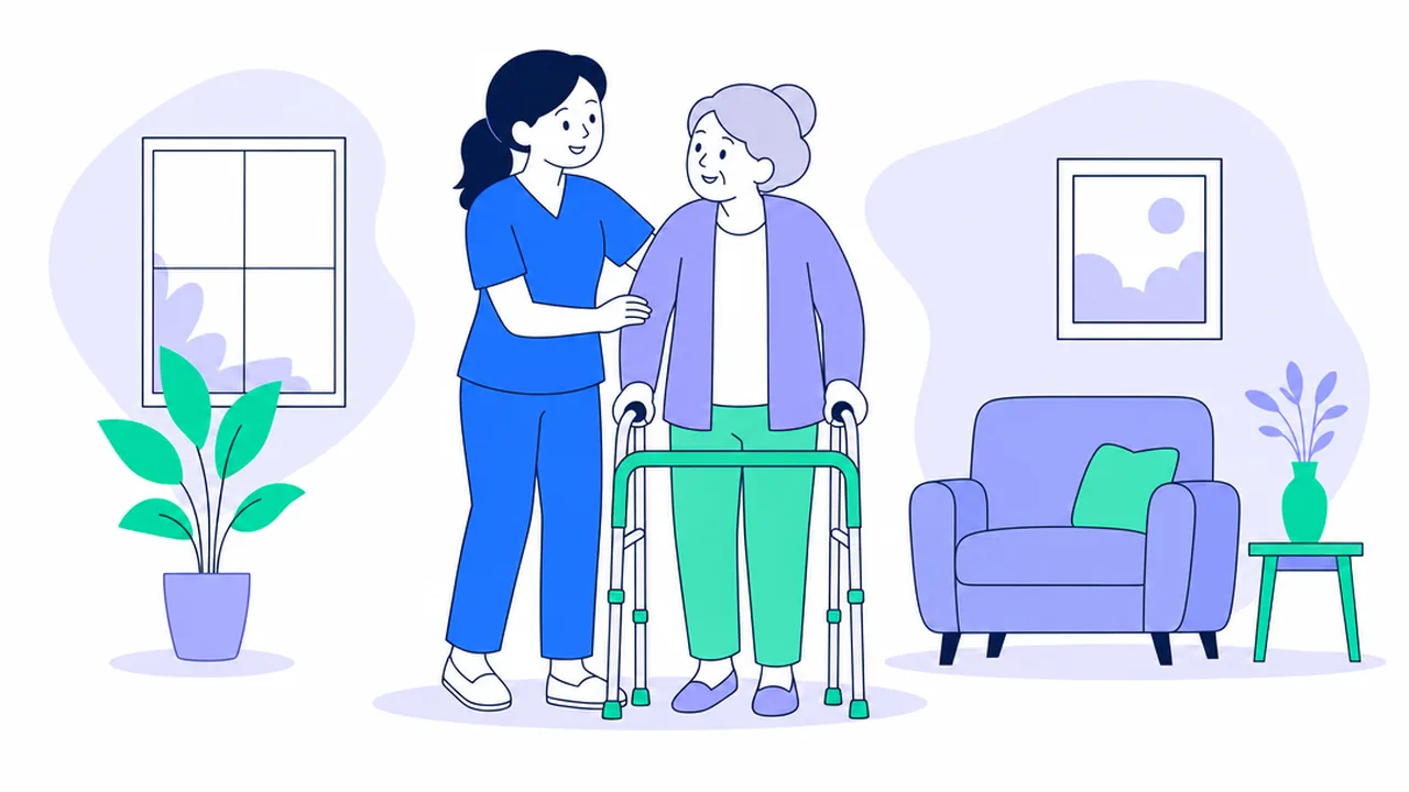 A caregiver helping a smiling elderly woman walk with a walker in a bright living room