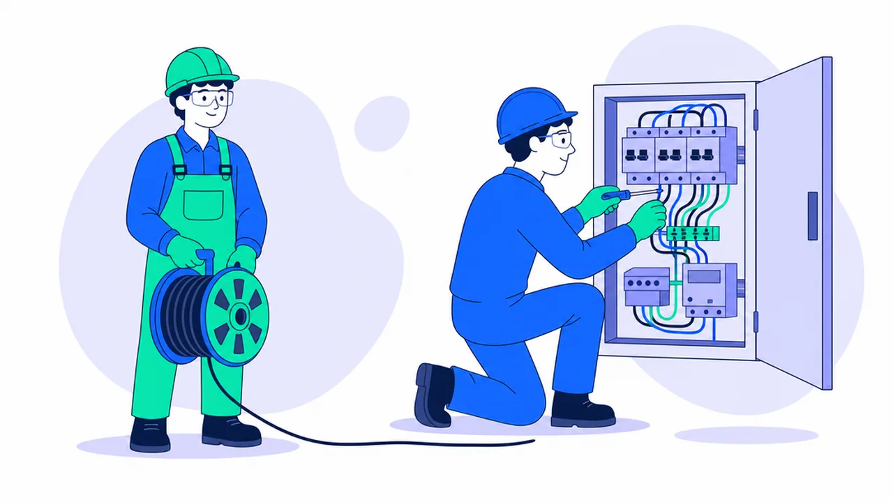 An electrician assistant in a hard hat and safety glasses holding a cable reel while an electrician works at an open electrical panel