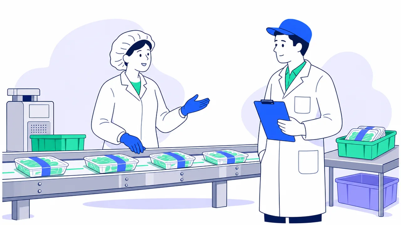 A food production worker in a hairnet, gloves and white coat at a stainless steel production line with packaged food, talking with a supervisor