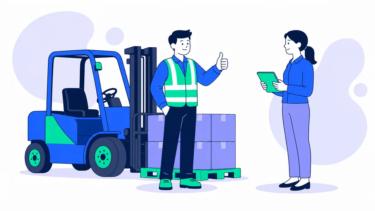 A forklift operator in a hi-vis vest gives a thumbs up next to a forklift carrying a pallet in a bright warehouse aisle, while an interviewer holds a tablet