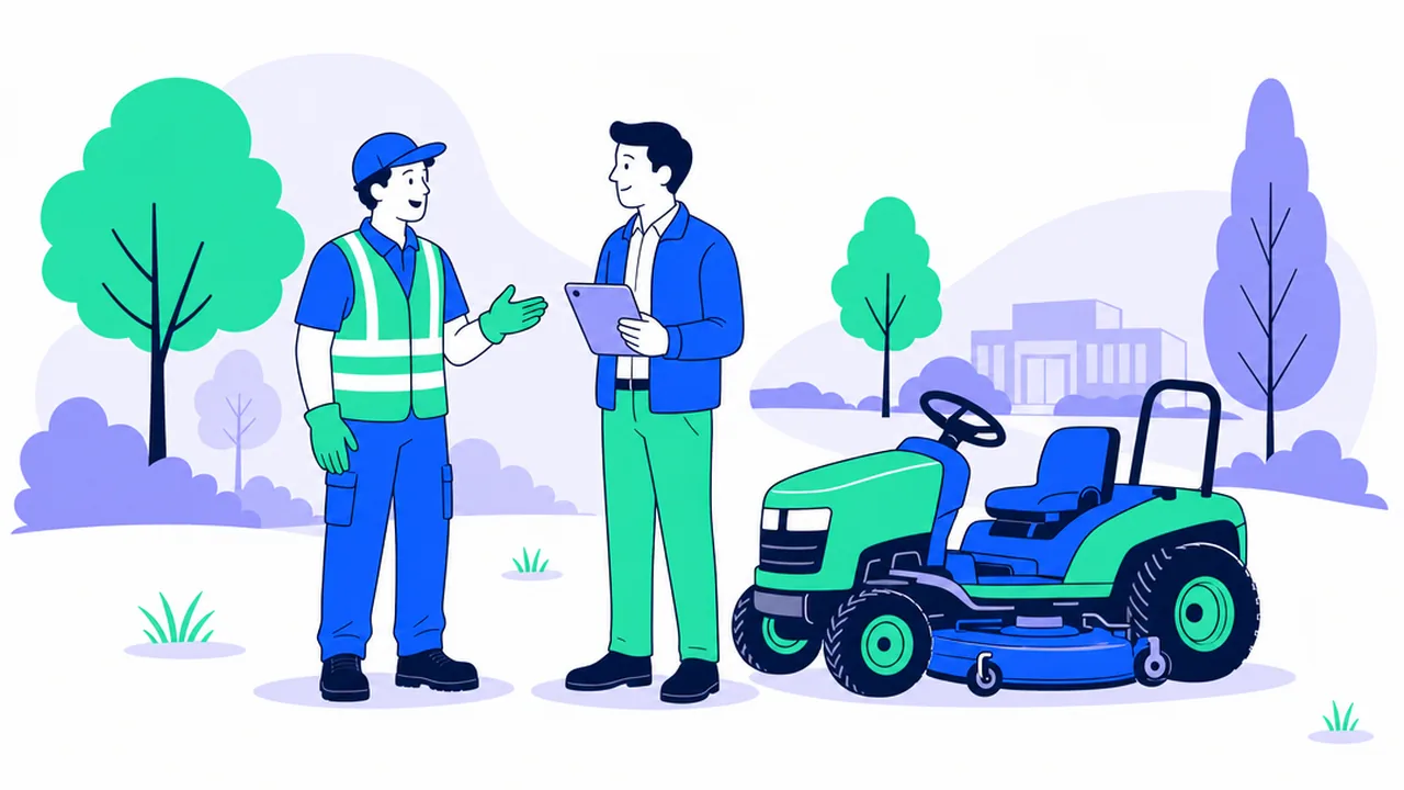 A groundskeeper in work gloves and a hi-vis vest talking with a facilities manager who holds a tablet, beside a ride-on mower on a green campus lawn with trees
