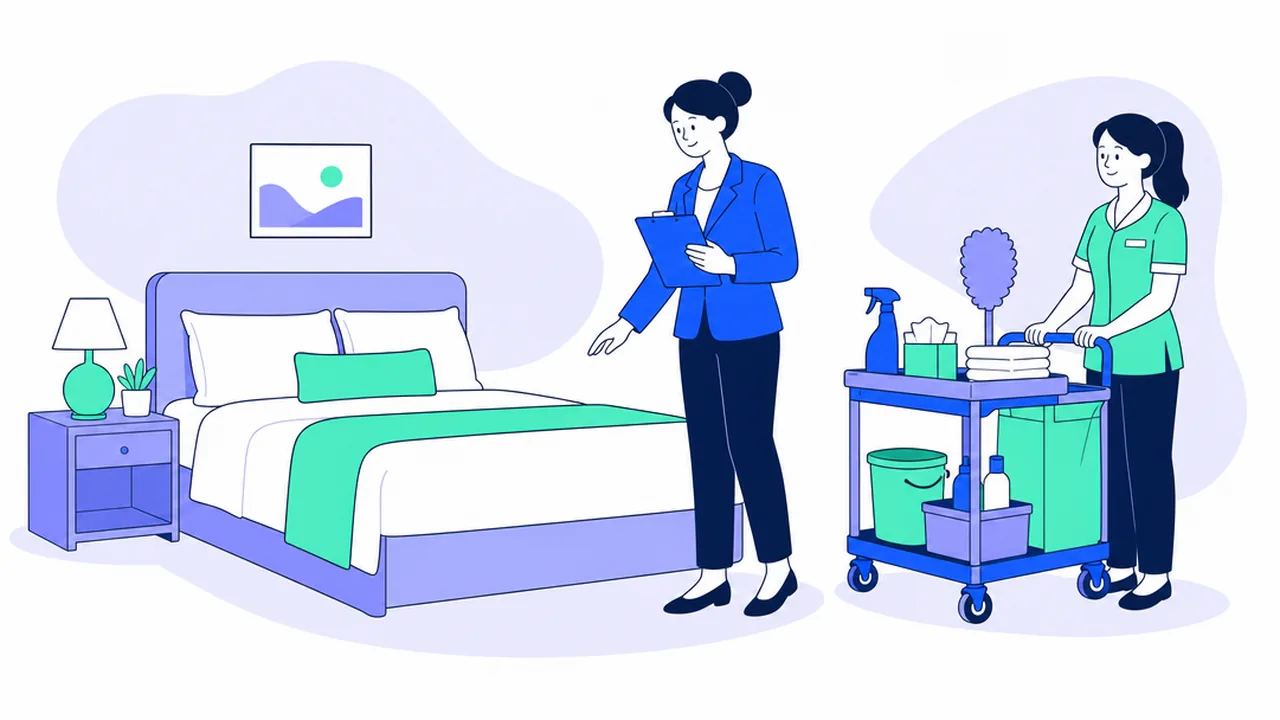 A housekeeping supervisor with a clipboard checks a made hotel bed while a room attendant waits beside a cleaning cart with towels and a spray bottle