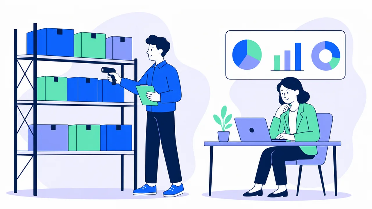 An inventory control specialist counting boxes on a warehouse shelf with a handheld scanner while a manager reviews charts on a laptop
