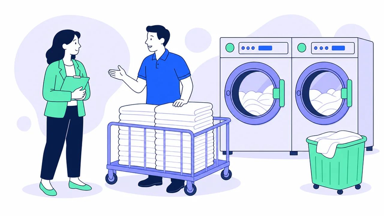 A laundry supervisor checking folded white linen on a trolley next to large industrial washing machines while talking with a hiring manager