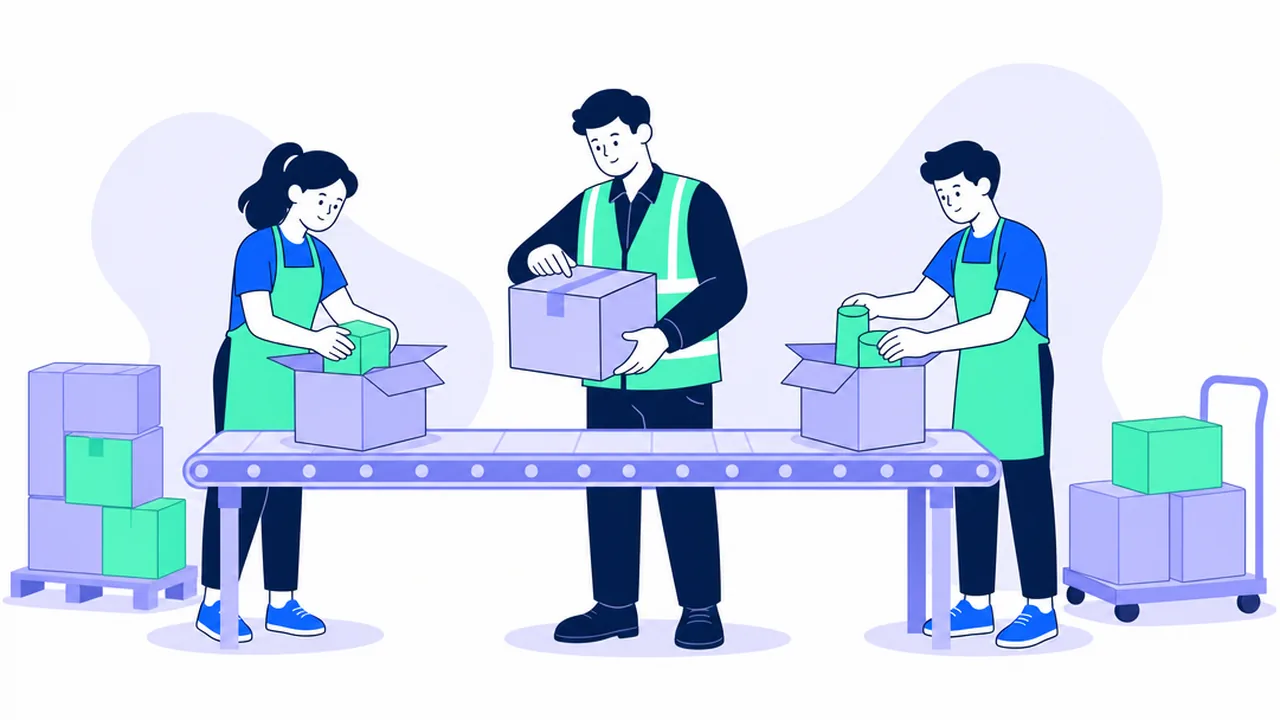 A packing supervisor in a hi-vis vest checking a sealed carton on a packing line while two packers fill boxes