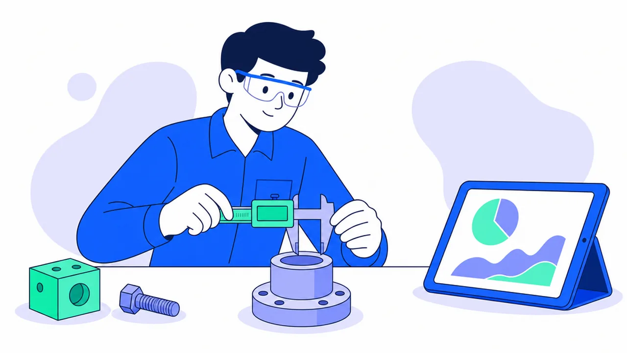 A quality inspector in safety glasses measuring a metal part with a digital caliper at a workbench, with a tablet showing a chart beside the part