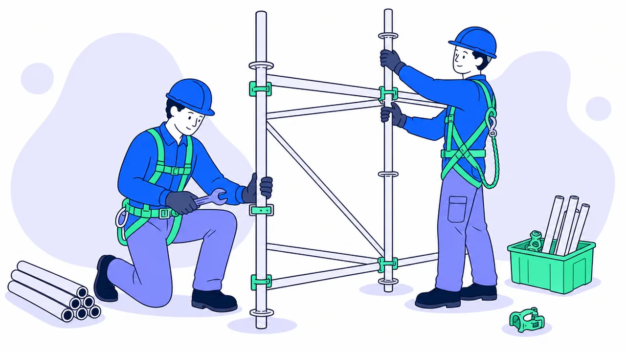 Two scaffolders in hard hats and harnesses assembling a scaffold frame on a building site, one checking a coupler with a spanner