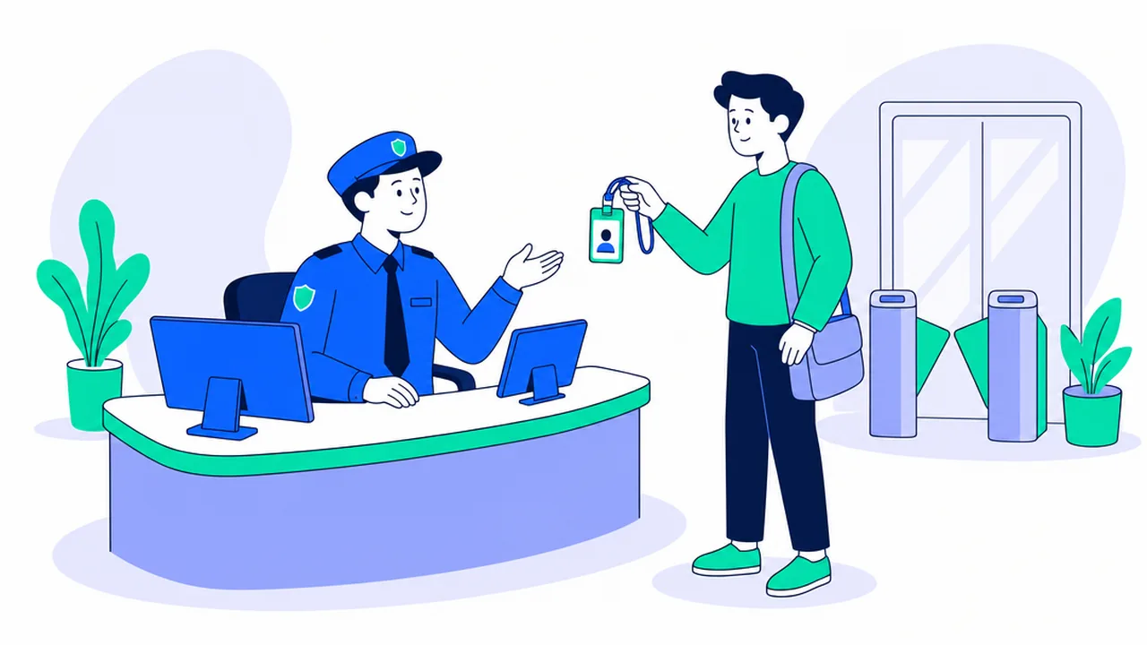 A uniformed security guard at a building entrance desk with monitors, greeting a visitor who is showing an ID badge
