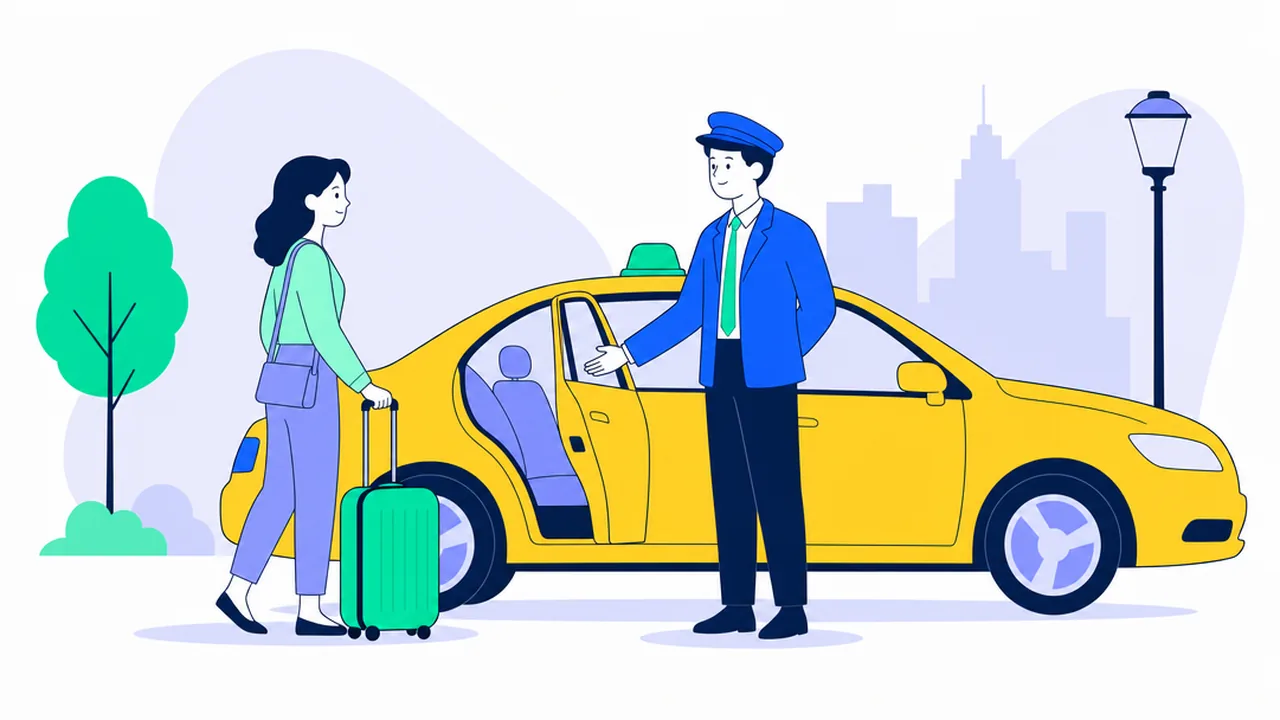 A taxi driver standing beside a yellow taxi on a city street, holding the rear door open for a passenger with a suitcase