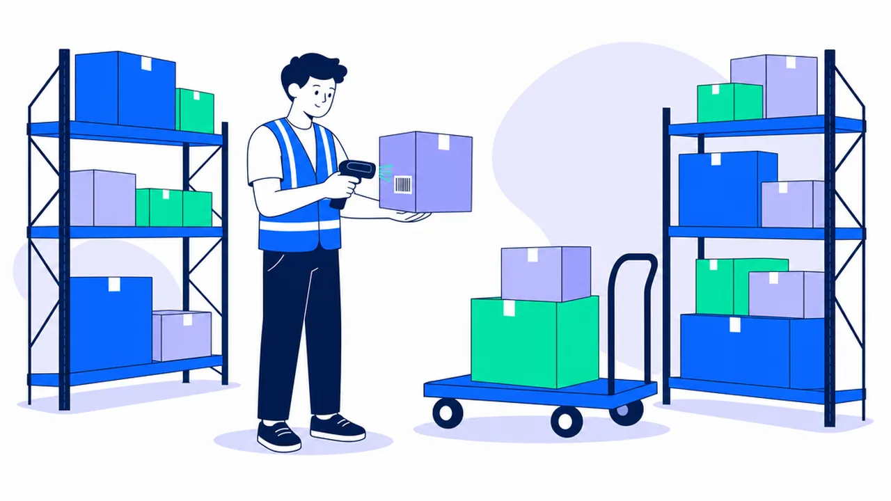 A warehouse associate scanning a barcode on a box with a handheld scanner between tall shelving racks, with boxes stacked on a cart