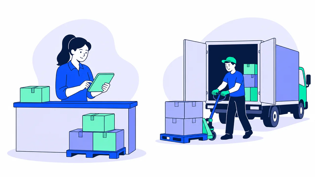 A warehouse inventory clerk at a receiving desk checks a delivery on a tablet while a driver unloads boxes with a pallet jack
