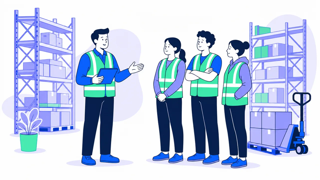 A warehouse team lead holding a tablet briefs three associates in hi-vis vests at the start of a shift between tall racks