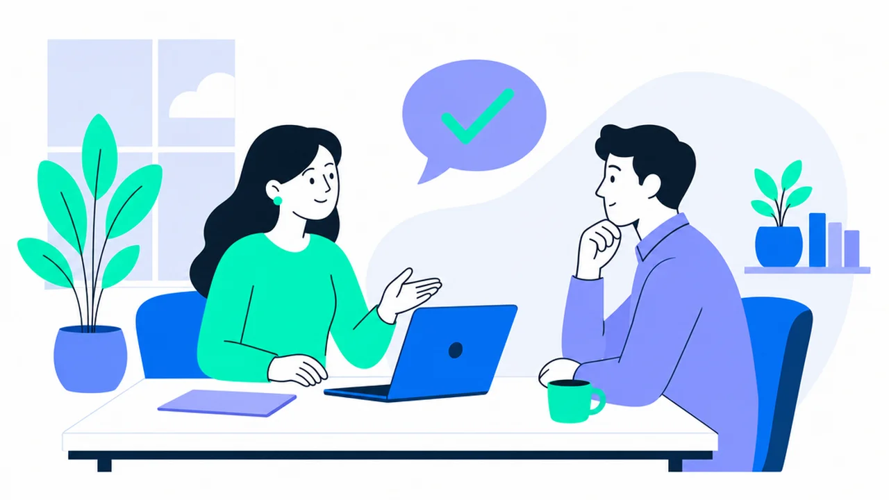 An interviewer and a candidate talking across a desk in a calm office, with a speech bubble showing a check mark