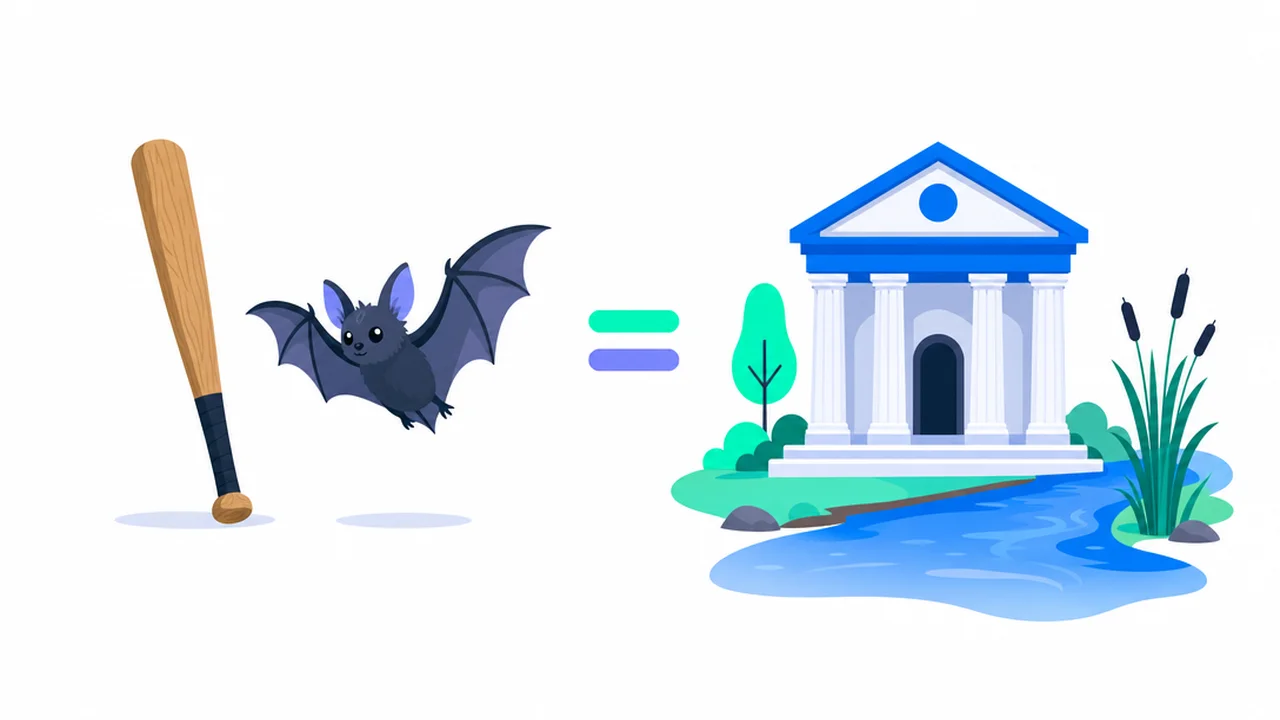 A baseball bat facing a flying bat, and a bank building next to a river bank, illustrating English words with multiple meanings