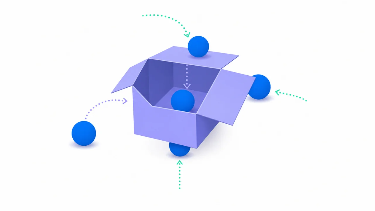 A ball shown in, on, under, beside and behind a box, one position per panel