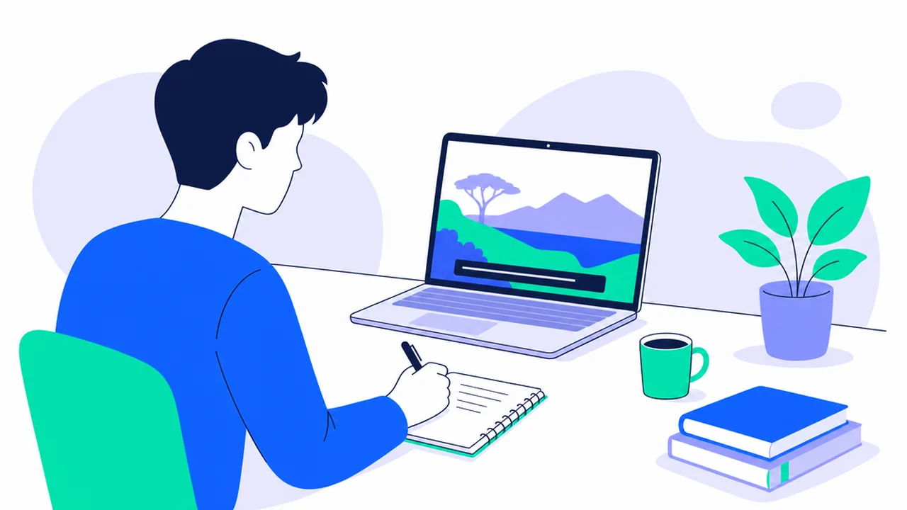 Illustration of a person at a desk writing in a notebook while a laptop shows hills, a tree and a subtitle bar, next to a green mug, a plant and two books