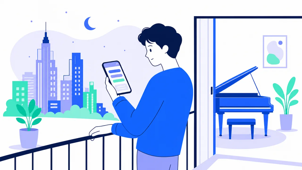 A person on a balcony at night above a city skyline, reading lines on a phone that shows subtitle bars, with a piano in the room behind