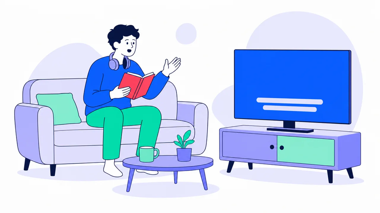 A person on a sofa practising lines out loud in front of a TV with subtitle bars, holding a red notebook, with headphones around the neck