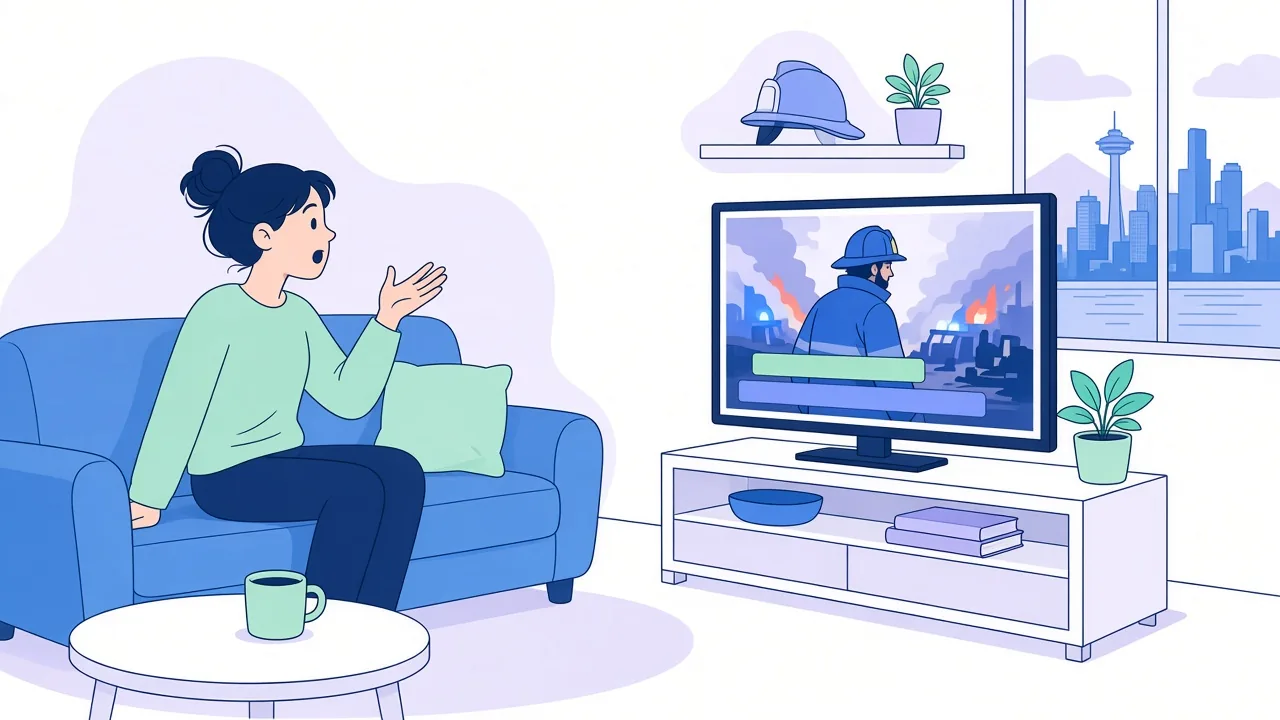 A woman on a blue sofa talks back to a TV showing a firefighter in a blue helmet with two subtitle bars, under a shelf with a helmet and beside a window with a city skyline and a tall tower