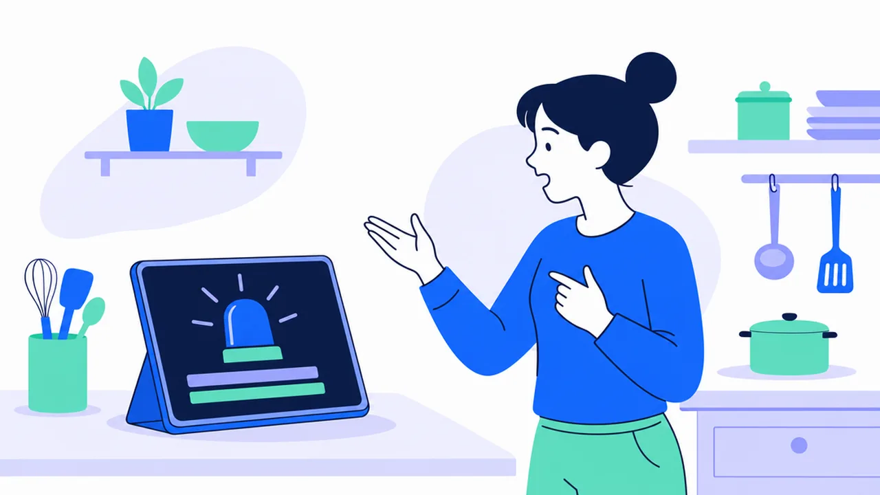 A person in a kitchen repeating a line from a police drama playing on a tablet that shows a siren light shape and subtitle bars