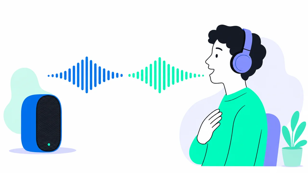 Una persona con audífonos repite después del audio: una onda de sonido sale de un altavoz y una onda idéntica, ligeramente retrasada, sale de su boca