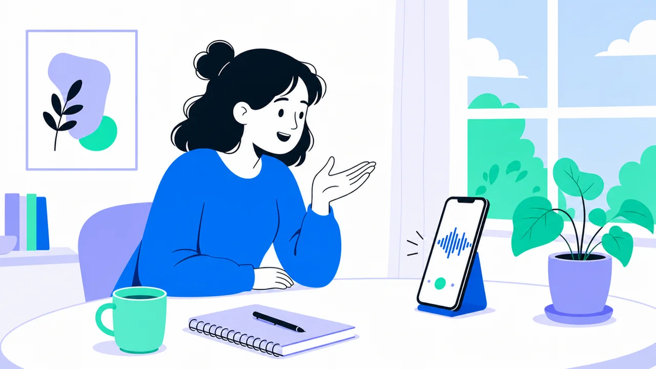 A person at home speaking to a phone propped on the table, with a sound wave on its screen