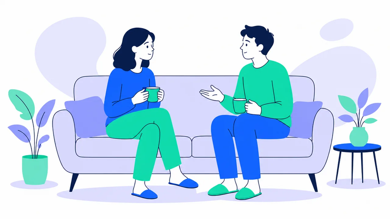 Two people sitting on a sofa turned toward each other, talking calmly with mugs of tea after a disagreement