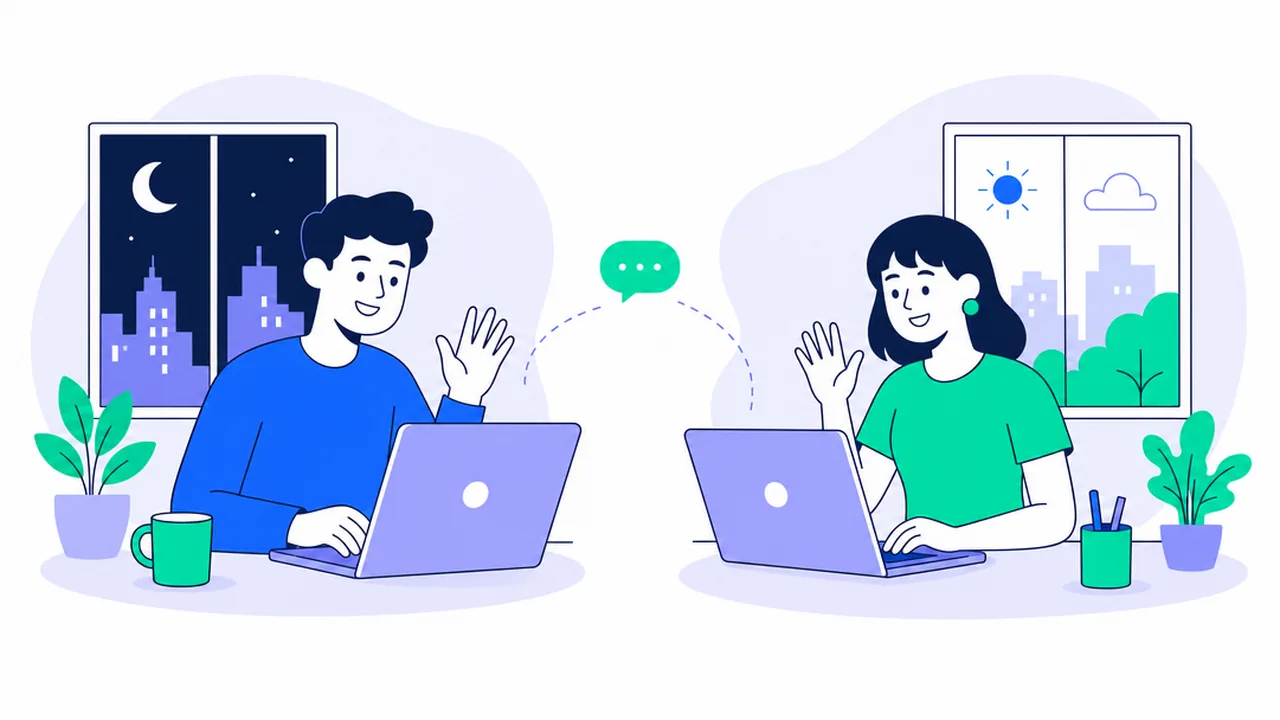 Two people on a video call on laptops in different cities, one at night with a moon in the window and one in daylight, both smiling