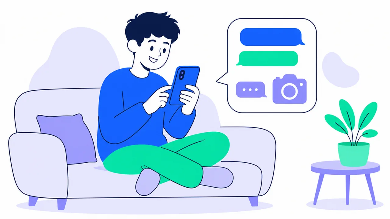 A young person on a sofa smiling at a phone screen that shows colorful chat bubbles and a camera shape