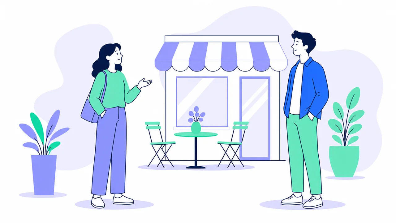 Two adults standing a polite distance apart outside a café, both relaxed, having a short friendly conversation