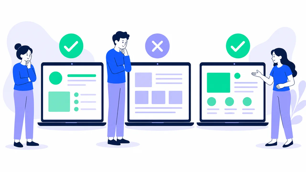 Three people next to three laptops showing simple interface layouts; green check marks sit above the first and third screens and a purple cross above the middle one