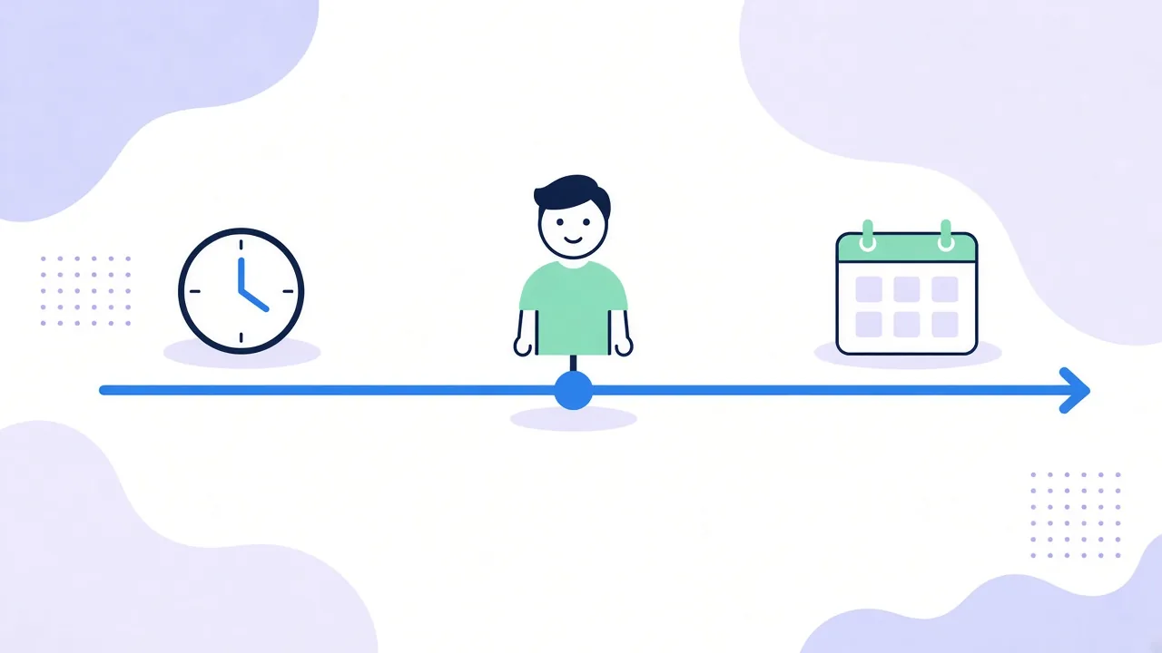 A timeline arrow pointing right, with a clock on the left, a smiling person in the middle and a calendar on the right