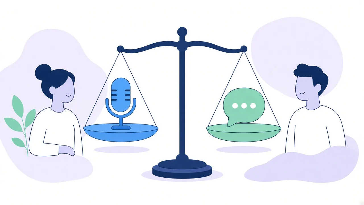 A balance scale with a blue microphone in one pan and a green speech bubble in the other, with a person standing on each side