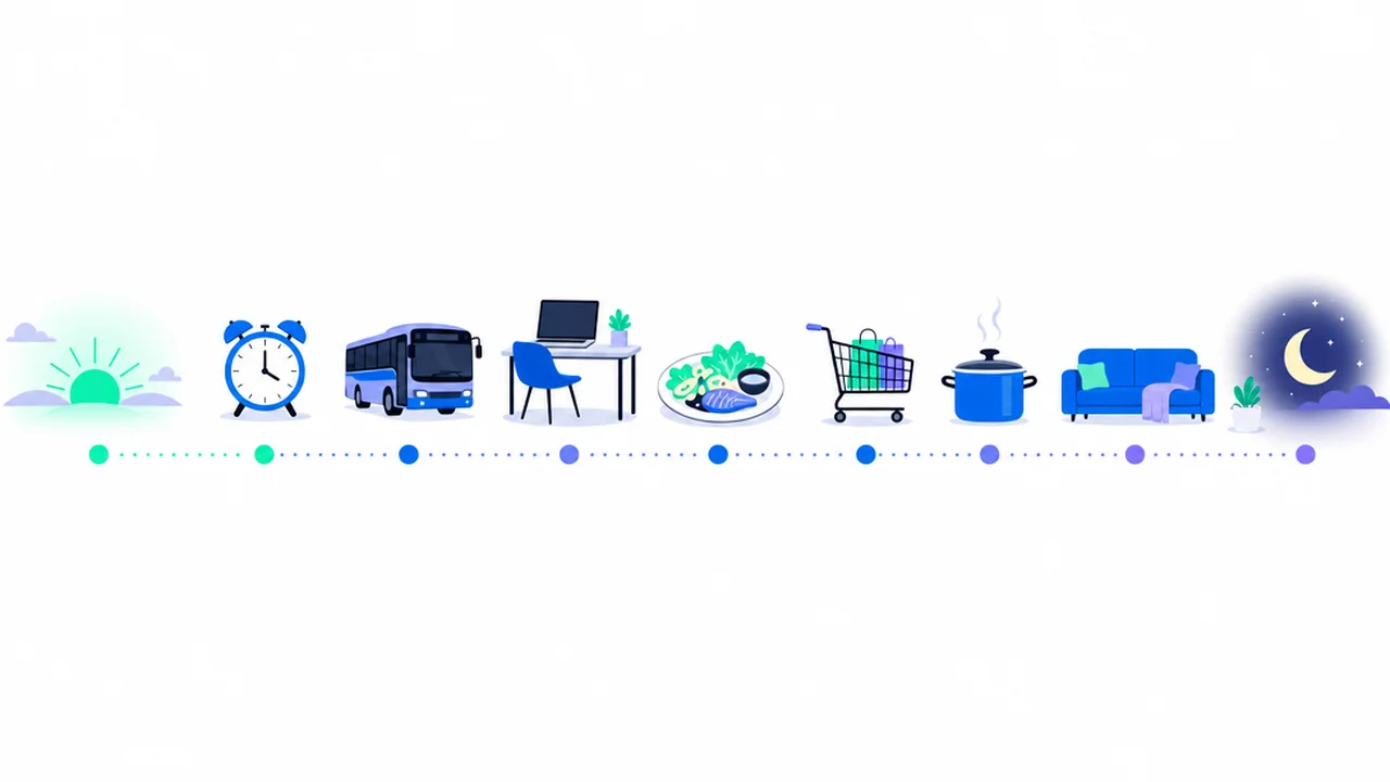 A day drawn as a timeline from sunrise to night, with small icons for each scene: an alarm clock, a bus, a meeting table, a lunch plate, a shopping cart, a house, a phone and a bed