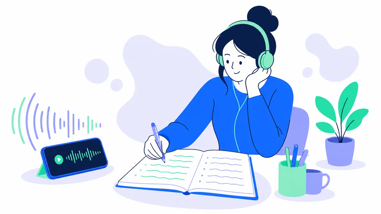 Una mujer con audífonos escribe en un cuaderno abierto con dos columnas de líneas onduladas, junto a un teléfono que reproduce audio con ondas de sonido