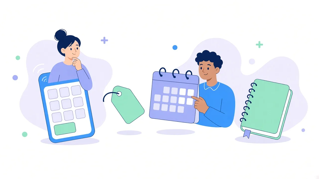 Una mujer pensativa asoma detrás de un teclado de teléfono gigante con las teclas en blanco; a su lado flotan una etiqueta de precio verde, un calendario que señala un hombre y una libreta de espiral verde