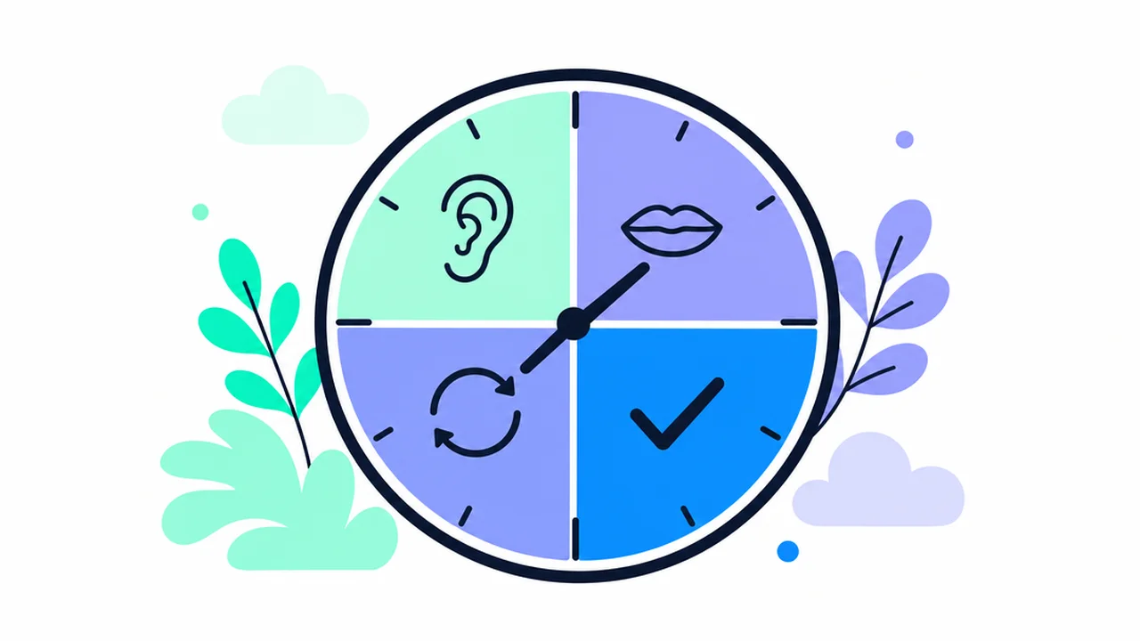 A clock face divided into four segments with an ear, a mouth, a repeat arrow and a check mark, one for each block of the 15-minute routine